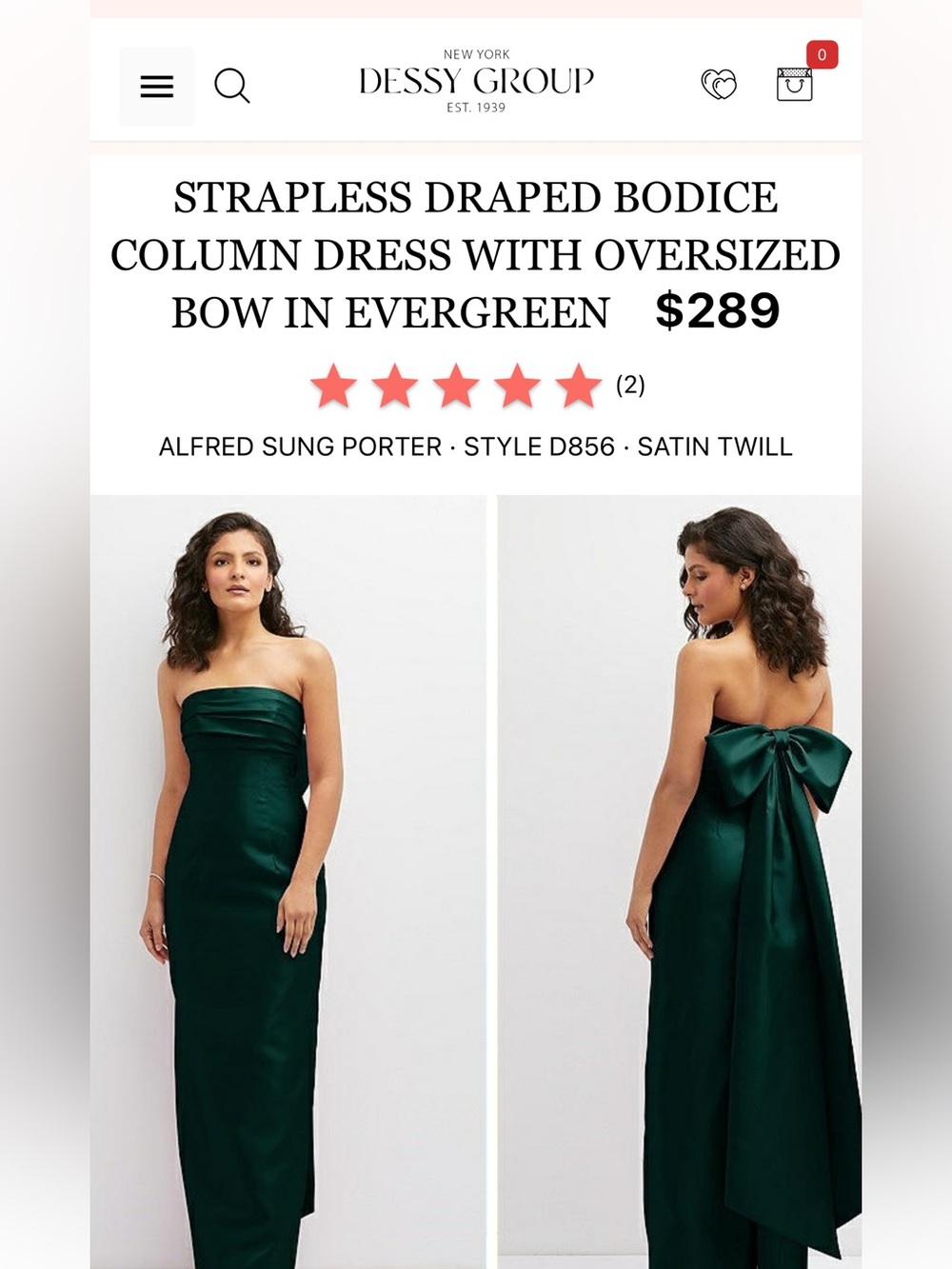 ALFRED SUNG Strapless Satin-Twill Column Dress in Evergreen with Back Bow